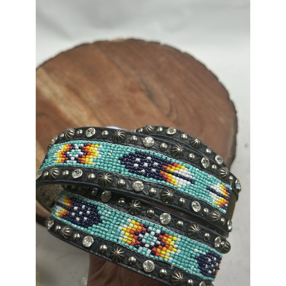 Tooled Leather Studded Silver & Rhinestone Aztec Blazin Roxx Bling Belt Rodeo - Picture 4 of 10
